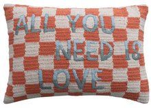 Load image into Gallery viewer, Cotton Crocheted Check Lumbar Pillow w/ Embroidered "All You Need Is Love"