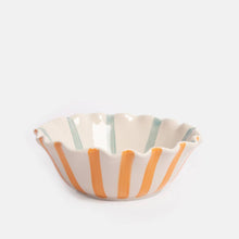 Load image into Gallery viewer, Orange/Blue Inside & Outside Stripe Frilly Bowl