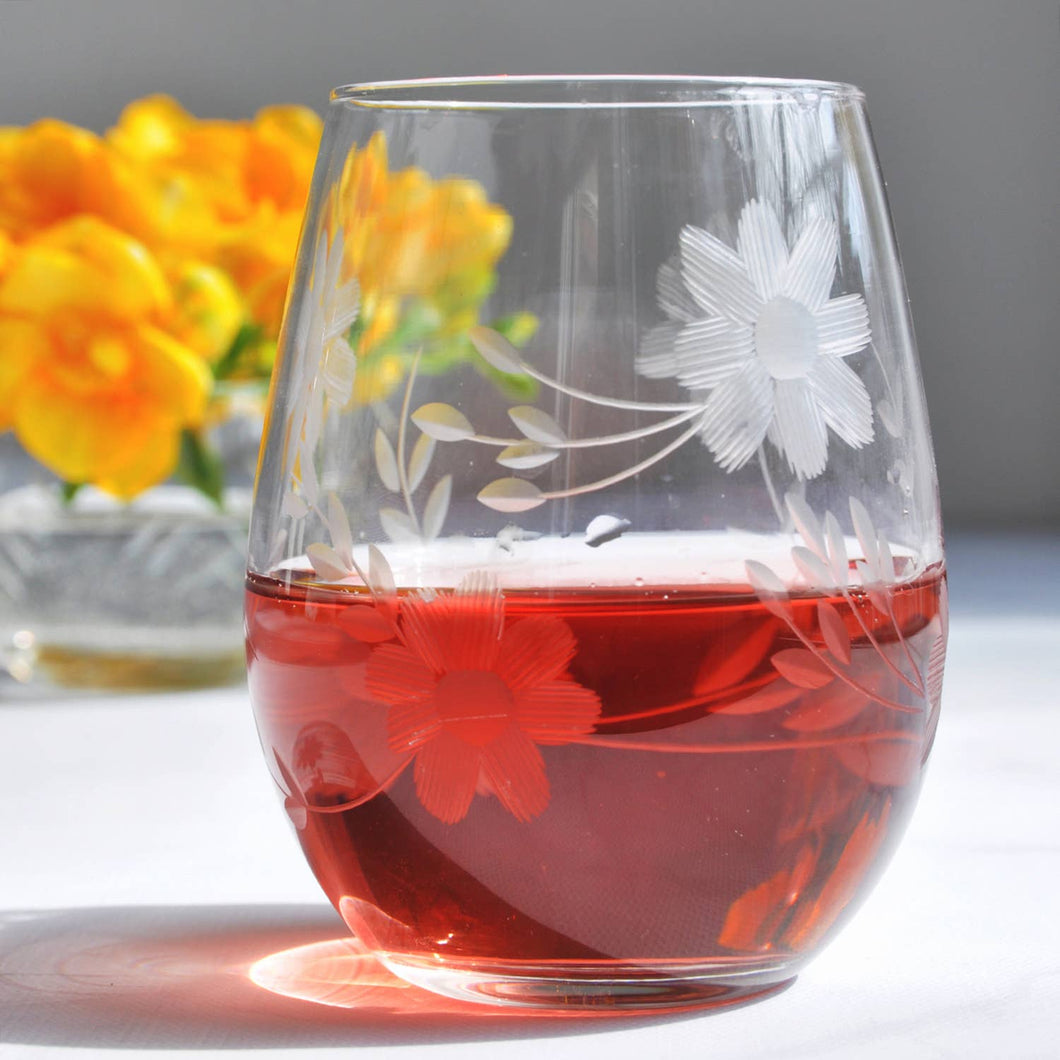 Set of 2 Hand Engraved Stemless Floral Wine Glasses