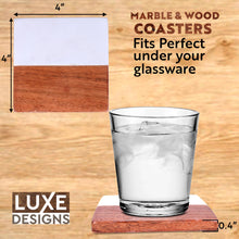 Load image into Gallery viewer, Square Wood and Marble Drinks Coasters Set of 4 with Stand
