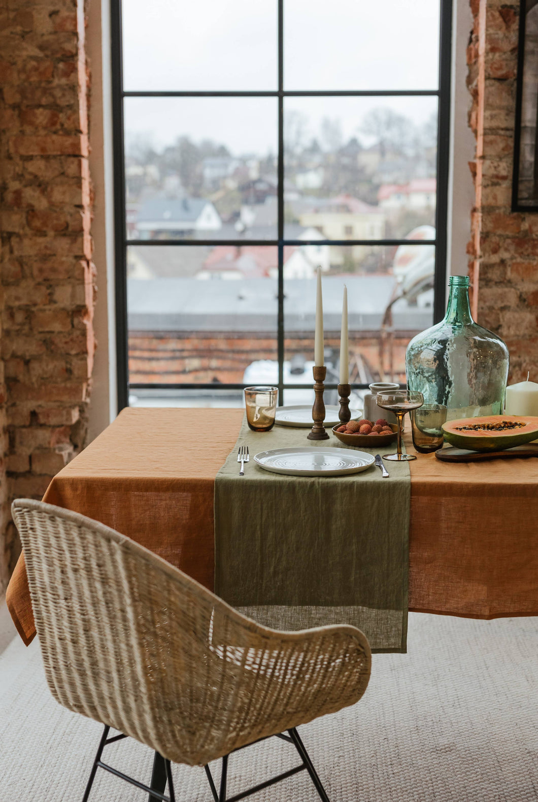 Olive Green Linen Table Runner