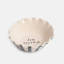 Load image into Gallery viewer, Teal Stripe 'Bon Appetit' Frilly Bowl
