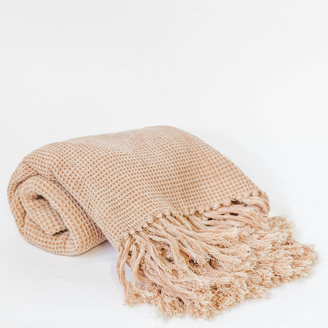 Cotton Waffle Weave Throw With Fringes, Peach