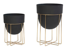 Load image into Gallery viewer, Black Metal Planters with Gold Finish Stands
