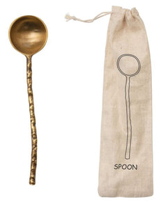 Brass Serving Spoon w/ Hammered Handle in Printed Drawstring Bag