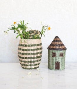 Hand-Woven Rattan Striped Basket with Lid