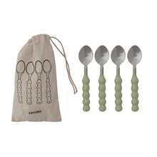 Load image into Gallery viewer, Stainless Steel &amp; Aluminum Spoons with Enameled Ball Handles, Set of 4 in Drawstring Bag
