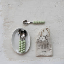 Load image into Gallery viewer, Stainless Steel &amp; Aluminum Spoons with Enameled Ball Handles, Set of 4 in Drawstring Bag
