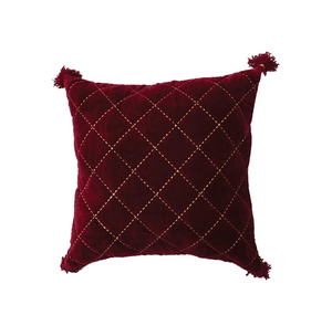20" Square Quilted Cotton Velvet Pillow w/ Embroidery & Tassels, Burgundy & Gold Color