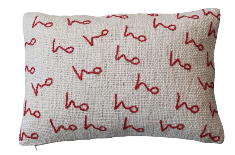 Woven Cotton Slub Lumbar Pillow w/ Ho Ho Ho Embroidered Pattern