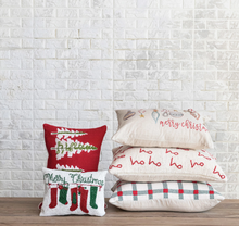Load image into Gallery viewer, Woven Cotton Slub Lumbar Pillow w/ Ho Ho Ho Embroidered Pattern
