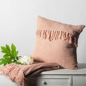 Cotton Waffle Weave Throw With Fringes, Peach