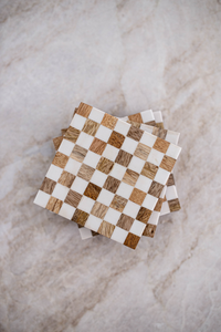 Set of 4 Checkered Wood & Resin Coasters