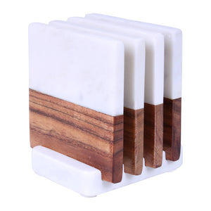 Square Wood and Marble Drinks Coasters Set of 4 with Stand